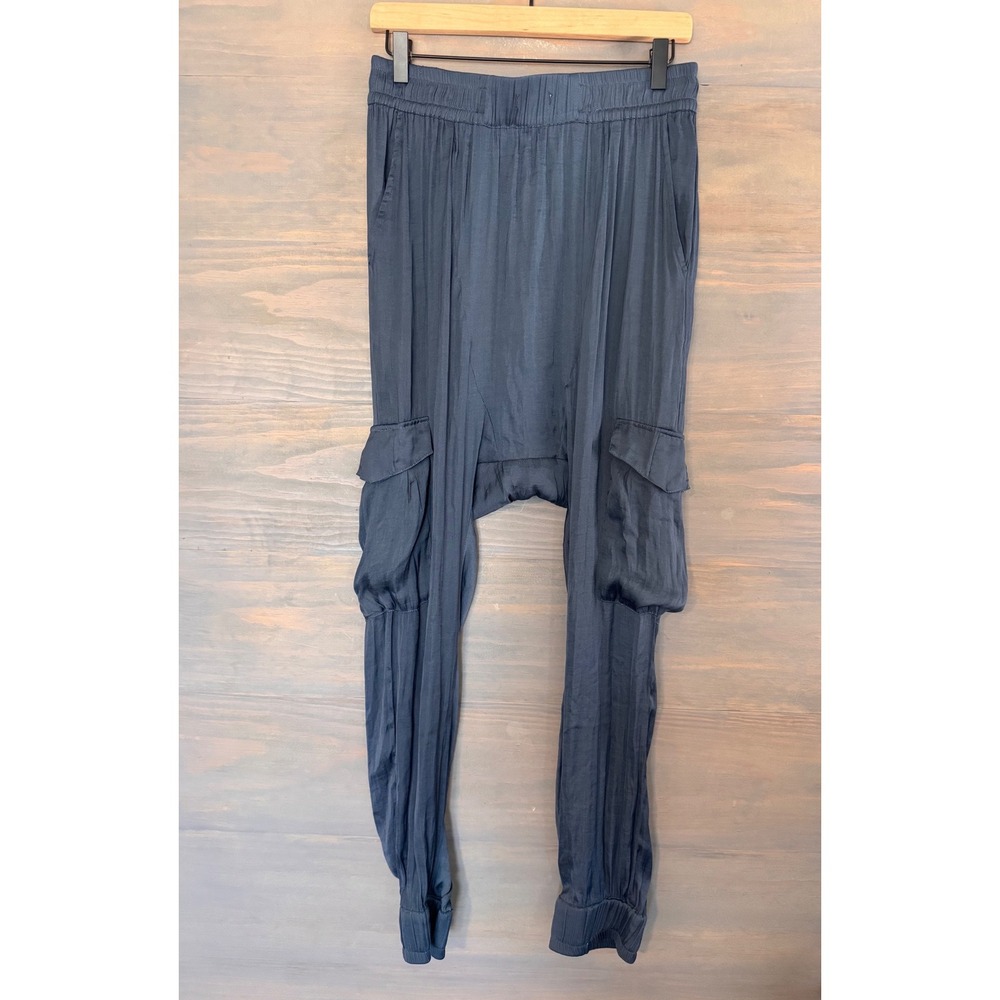 Ruti Silky Drop Crotch Cargo Pants Navy Blue Harem Jogger Utility Pockets Size 2